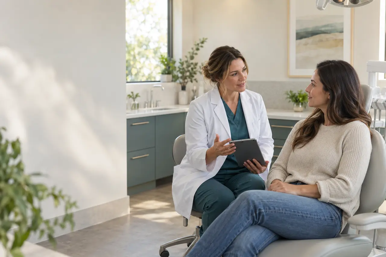 Dentist consulting with a patient at Northfield Dental Studio